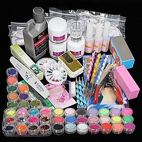 baratos Arte para Unhas-42 pcs Acrílico Kits de unhas Profissional Faça Você Mesmo Líquido Acrílico Purpurina Nail Art Kit para Dedos das Mãos