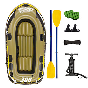 baratos Canoagem-JiLong 3-4 Pessoas Conjunto de Barco Inflável com Bomba de Ar Manual Colchonete de Ar Remo Europeu PVC Dobradiça portátil Pesca Passeios de barco 252*125*40 cm