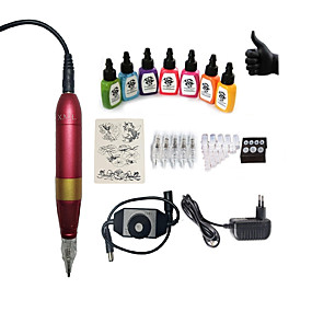 baratos Kits de Tatuagem para Iniciantes-BaseKey Máquina de tatuagem Conjunto de Principiante - 1 pcs máquinas de tatuagem com 7 x 15 ml tintas de tatuagem, Profissional, novo Liga de Alúminio 12V 1,5A No case 15 W Caneta de tatuagem