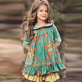 baratos 2020 Tendência-Infantil Para Meninas Estilo bonito Floral Meia Manga Altura dos Joelhos Vestido Verde / Algodão