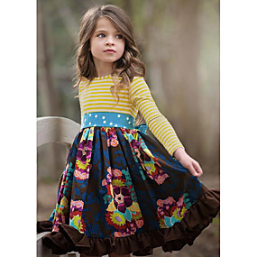 baratos 2020 Tendência-Infantil Para Meninas Estilo bonito Floral Manga Longa Altura dos Joelhos Vestido Azul Marinha / Algodão