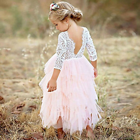 baratos 2020 Tendência-Infantil Para Meninas Princesa Festa Diário Sólido Flor Renda Multi Camadas Manga Longa Vestido Branco / Algodão