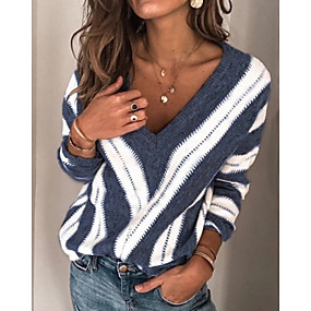 baratos Roupa de inverno-Mulheres Listrado Manga Longa Tamanhos Grandes Pulôver Camisola Jumper, Decote V Inverno Vinho / Roxo / Azul S / M / L