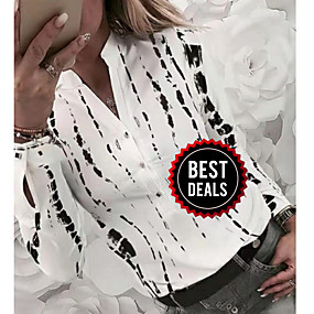 baratos Roupa de inverno-Mulheres Camisa Social Geométrica Decote V Branco