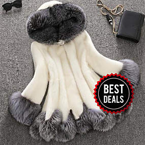 baratos Roupa de inverno-Mulheres Inverno Tamanhos Grandes Longo Casaco De Pele De Falso, Estampa Colorida Branco Com Capuz Manga Longa Pêlo Sintético Branco / Preto