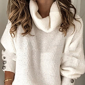 baratos Suéteres de Mulher-Mulheres Sólido Manga Longa Oversized Pulôver Camisola Jumper, Gola Enrolada Azul Claro / Branco S / M / L