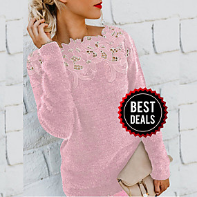 baratos Roupa de inverno-Mulheres Sólido Manga Longa Pulôver Camisola Jumper, Decote Redondo Preto / Vinho / Roxo S / M / L