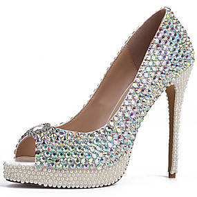 baratos Sapatos Femininos-Mulheres Sandálias Salto Agulha Peep Toe Pedrarias Pele Formais / Minimalismo Primavera Verão / Outono &amp; inverno Prata / Casamento