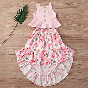baratos 2020 Tendência-Infantil Para Meninas Básico Floral Sem Manga Conjunto Rosa