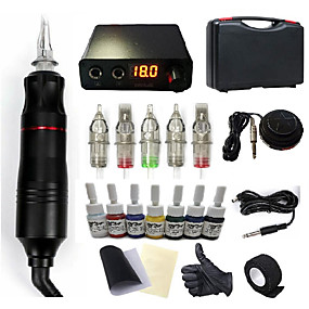 baratos Kits de Tatuagem para Iniciantes-BaseKey Máquina de tatuagem Conjunto de Principiante - 1 pcs máquinas de tatuagem com 7 x 5 ml tintas de tatuagem, Profissional, novo Liga de Alúminio LCD de alimentação Capa Inclusa 19 W Caneta de