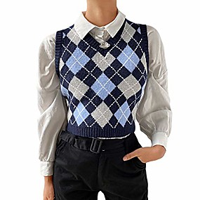Hotmiss Womens Oversized Plaid V Neck Sweater Vest Uniform Cable Knit Sleeveless Sweater Chic Tops