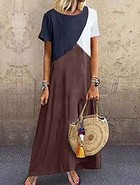 economico Offres Spéciales-Femme Basique Maxi Tee Shirt Robe - Mosaïque, Bloc de Couleur Violet Marron Vert S M L Manches Courtes