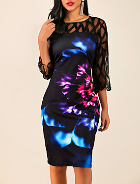 economico Offres Spéciales-Femme Elégant Mi-long Gaine Robe - Dentelle Imprimé, Fleur Printemps Automne Noir M L XL Manches 3/4