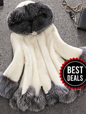 baratos Natal-Mulheres Inverno Tamanhos Grandes Longo Casaco De Pele De Falso, Estampa Colorida Branco Com Capuz Manga Longa Pêlo Sintético Branco / Preto