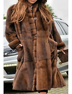 baratos É Noite de Festa-Mulheres Festa / Diário Básico Outono &amp; inverno Longo Casaco De Pele De Falso, Sólido Colarinho Chinês Manga Longa Pêlo Sintético Marron / Oversized
