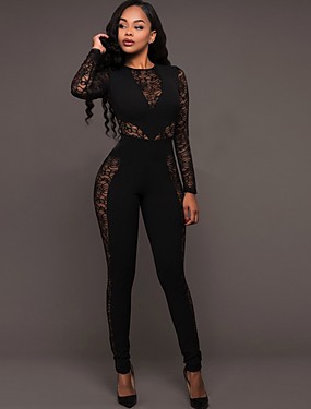 baratos Macacões Femininos-Mulheres Básico Preto Macacão Pijama Macacão, Sólido S M L