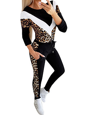 baratos Macacões Femininos-Mulheres Moda de Rua Conjunto - Patchwork, Leopardo Calça