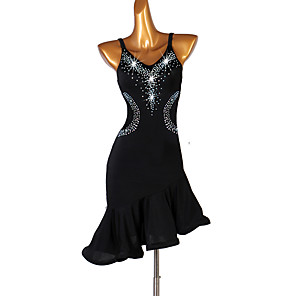 NAKOKOU Latin Dance Dresses Womens Performance Spandex Tassel Crystals Rhinestones Sleeveless Dress