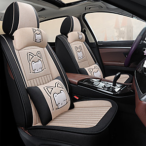 5 Seats PU Leather+Ice Silk Car Seat Covers Cushion Front+Rear W//Pillow Beige