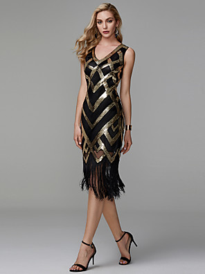 Wedding Guest Dresses Online For 2018 Gatsby Vintage 1920s Sheath Column V Neck Tea Length Polyester Sparkle Shine Tail Party