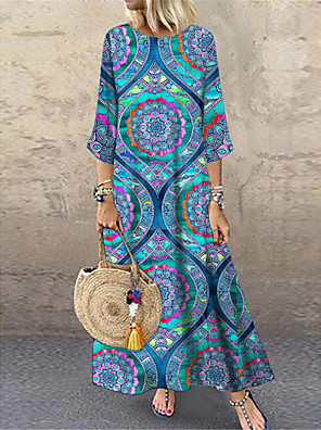 Women's Swing Dress Maxi long Dress - Long Sleeve Print Print Fall V ...