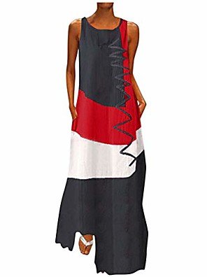 Hotkey Women Dresses Vintage Bohe O Neck Maxi Dress Sleeveless Casual Loose Summer Swing Tunic Tank Dress with Pocket
