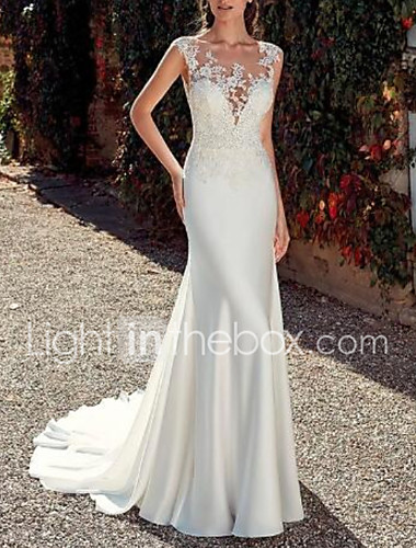 Sheath Column Jewel Neck Sweep Brush Train Lace Satin Cap
