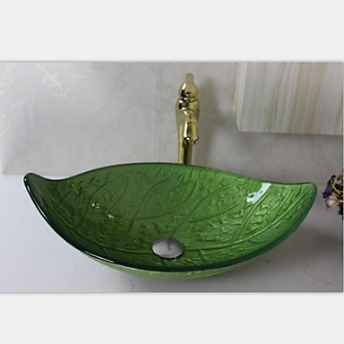 208 05 Green Leaf Tempered Glass Vessel Sink With Faucet Mounting Ring And Water Drain