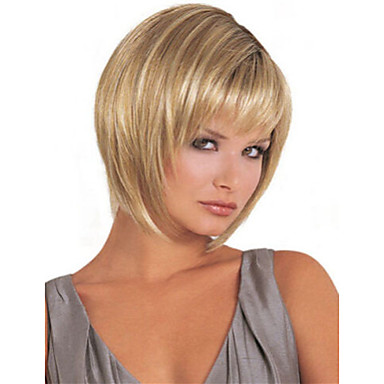 Peruki Syntetyczne Prosta Fryzura Bob Z Grzywką Blond Włosie