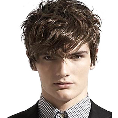 baratos Topetes-Perucas sintéticas Ondulado Ondulado Com Franjas Peruca Curto Marron Cabelo Sintético Homens Parte lateral Marrom