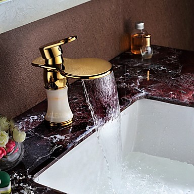 100 79 Art Deco Retro Centerset Waterfall Widespread Ceramic Valve Single Handle One Hole Ti Pvd Bathroom Sink Faucet