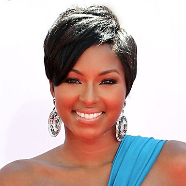 baratos Perucas de Cabelo Humano Sem Touca-100% Natural Peruca Curto Liso Kinky Liso Corte Pixie Penteados Curtos 2019 Com Franjas Berry Kinky Liso Reto Parte lateral Sem Touca Mulheres Preto Natural