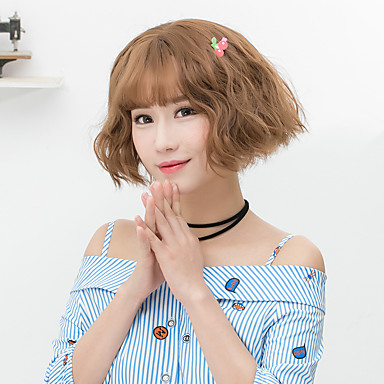 Synthetic Wig Wavy Bob Haircut With Bangs Gray Brown Women S