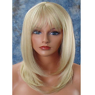 21 84 Synthetic Wig Straight Straight Layered Haircut With Bangs Wig Blonde Medium Length Light Blonde Synthetic Hair Women S Natural Hairline
