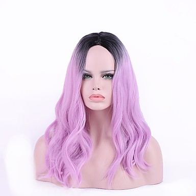 Femme Perruque Synthetique Mi Longue Noir Violet Cheveux Colores