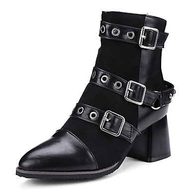 GIY Womens Pointed Toe Buckle Strap Combat Ankle Boots Chunky Block Heel Bootie Motorcycle Short Boot