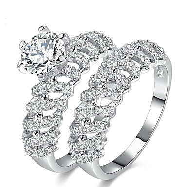 2Pcs Bagues de fiançailles Zircone Bijoux Plaqué Argent Femmes Mariage Bande Bague