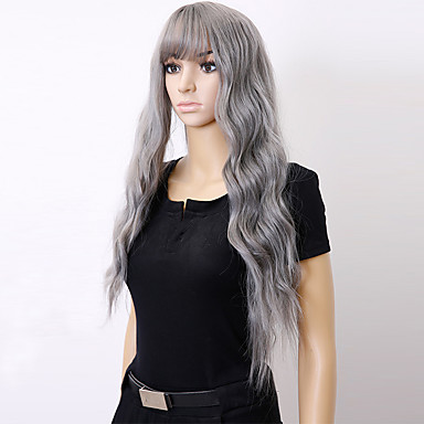 1942 Synthetic Wig Curly Curly Asymmetrical With Bangs Wig Long Grey Natural Black Synthetic Hair Womens Highlighted Balayage Hair Black Gray