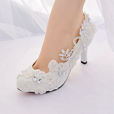 baratos Sapatos de Noiva-Mulheres Sapatos De Casamento Salto Agulha Dedo Apontado Pedrarias / Pérolas Sintéticas / Gliter com Brilho Renda Chanel / Plataforma Básica Primavera Verão Branco
