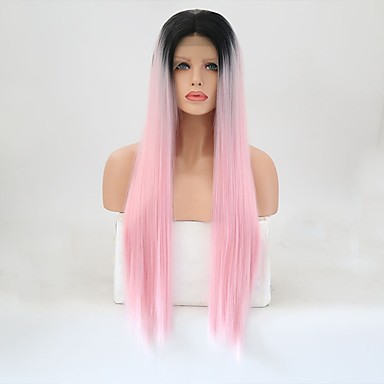 44 99 Synthetic Lace Front Wig Straight Layered Haircut Lace Front Wig Pink Long Pink Synthetic Hair Women S Natural Hairline Pink