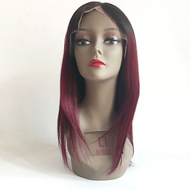 94 99 Remy Human Hair Lace Front Wig Layered Haircut Rihanna Style Brazilian Hair Straight Burgundy Wig 130 Density With Baby Hair Ombre Hair Dark