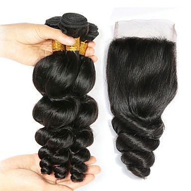 3 Bundles With Closure Brazilian Hair Wavy Human Hair Natural