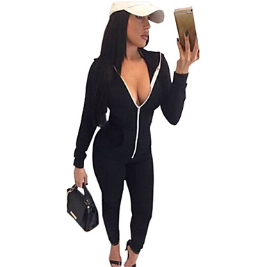 Women s V Neck Front Zipper Workout Jumpsuit Solid Color 