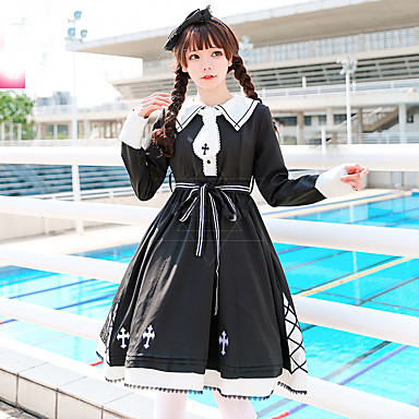 5999 Style Gothique Sweet Lolita Hiver Robe Fille Femme Japonais Costumes De Cosplay Noir Noir Blanc Rétro Mancheron Manches Longues Mi Long