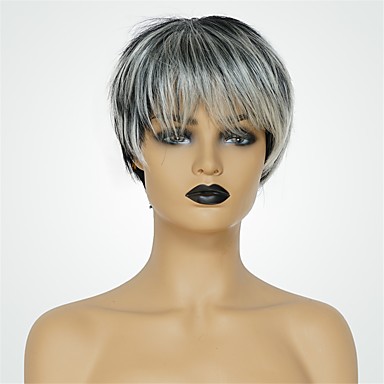[$34.79] Mänskligt hårblandning Peruk Naturlig Straight Pixie-frisyr Korta  frisyrer 2020 Mörkgrå Naturlig hårlinje Maskingjord Dam Svart / Grå 8 tum