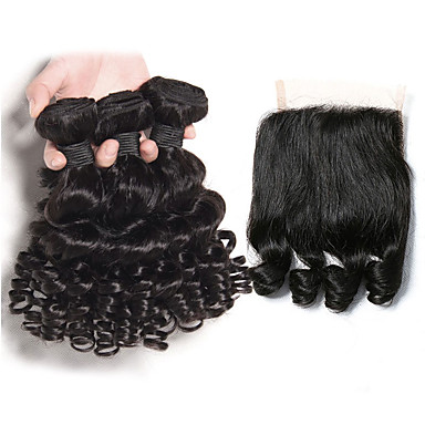 3 Bundles With Closure Brazilian Hair Bouncy Curl Remy Human Hair