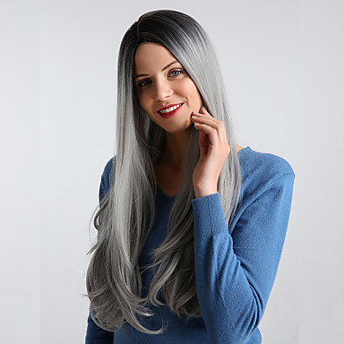 Synthetic Wig Kinky Straight Middle Part Wig Very Long Black