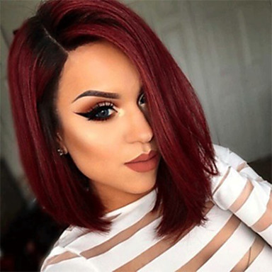Synthetic Wig Kinky Straight Bob Side Part Wig Burgundy Medium