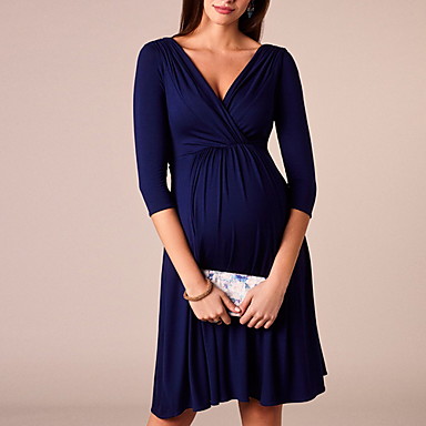 baratos Roupas para Gestantes-Mulheres Delgado Camisa Vestido Decote V Altura dos Joelhos