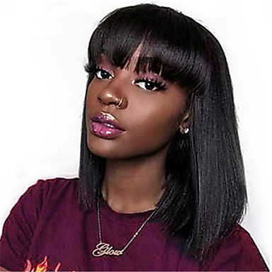 Remy Human Hair Full Lace Lace Front Wig Neat Bang Style Brazilian